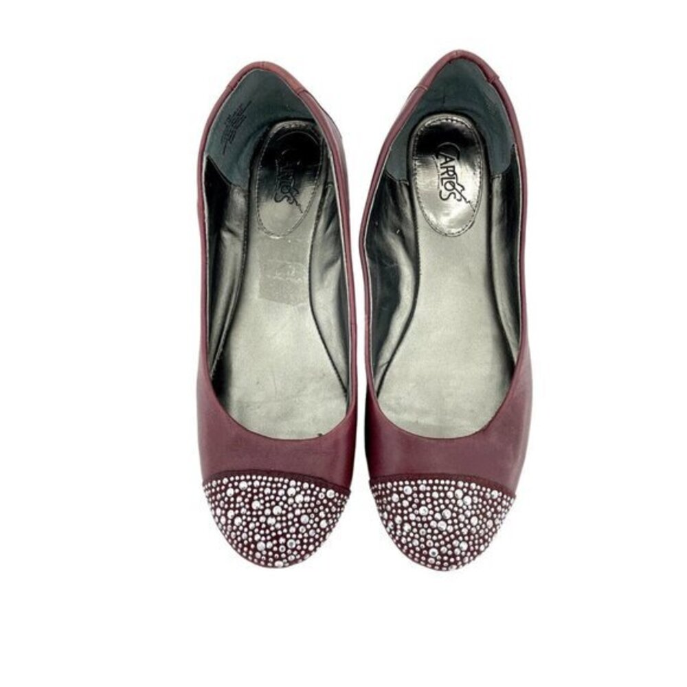 Carlos Santana Burgundy Leather Rhinestone Cap Toe Slip On Flats 7.5